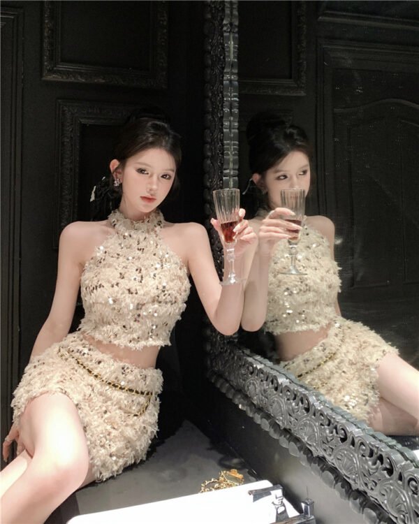 Sequined Tassel Halter Spaghetti Straps Vest Sheath Skirt - Image 5