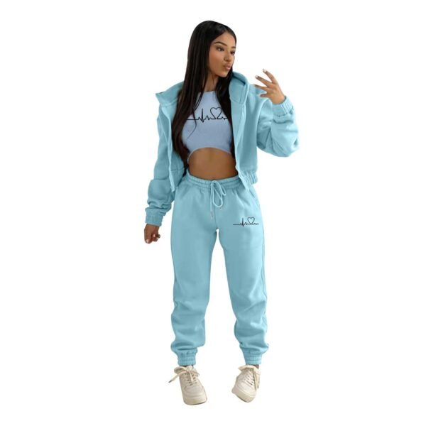 European And American Fashion Women's Wear Brushed Hoody Hooded Letter-print Casual Suit Three-piece Set - Image 3