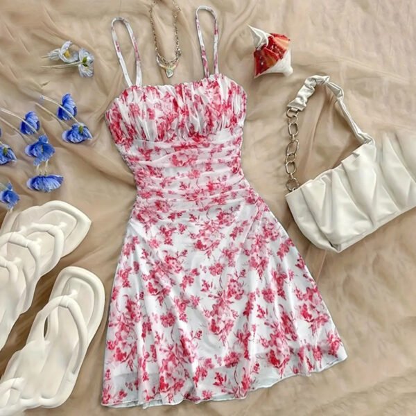 Women's Boho Floral Print Mini Dress Spaghetti Strap Ruched Ruffle Hem Vacation Sundresses - Image 3