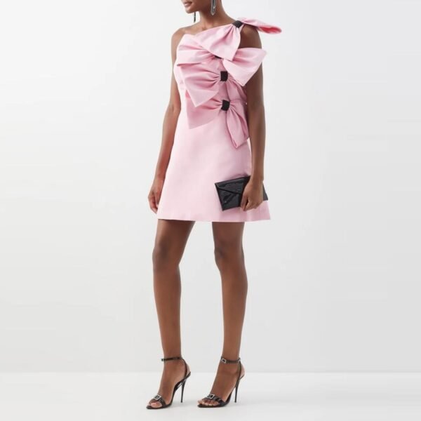 Women's New Unique Design Bow Pink Oblique Shoulder Dress - Image 4