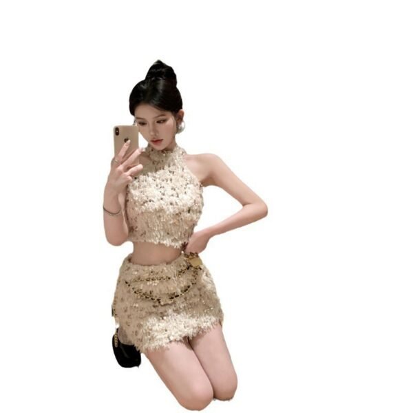 Sequined Tassel Halter Spaghetti Straps Vest Sheath Skirt - Image 4