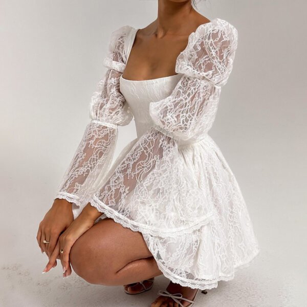 Autumn New Sexy Square-neck Long Sleeve Waist Lace Dress - Image 3