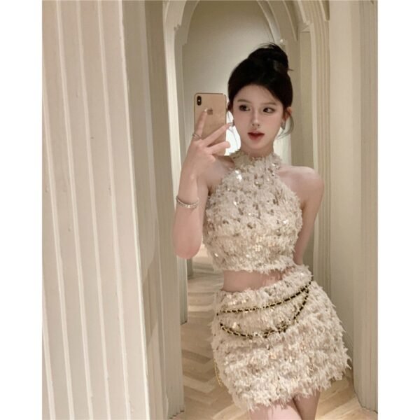 Sequined Tassel Halter Spaghetti Straps Vest Sheath Skirt - Image 6