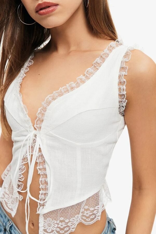 Slub Lace Edge Lace-up Vest Women's Top - Image 5