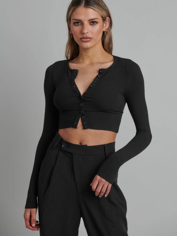 Button Rib Long Sleeve Knitted Cardigan Women's Clothes Cropped Top - Image 6
