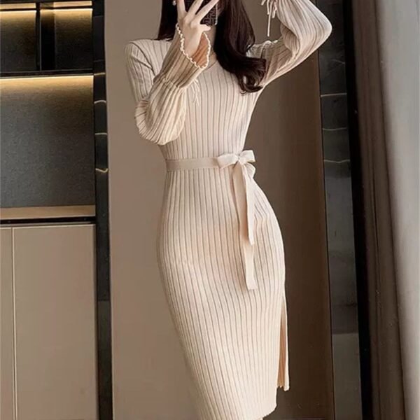 Bell Sleeve Solid Color Knitted Dress Autumn And Winter - Image 2