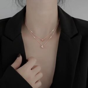 Sparkling Diamond Star Moon Double Layered Necklace