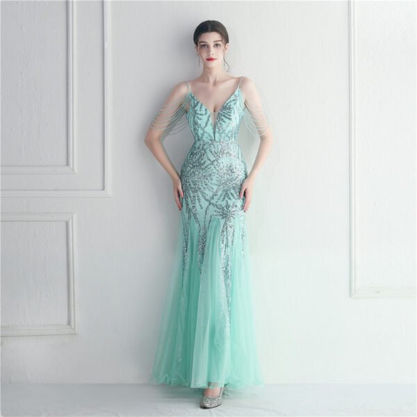 Mesh Beaded Bridal Wedding Dinner Long Camisole Evening Gown - Image 6