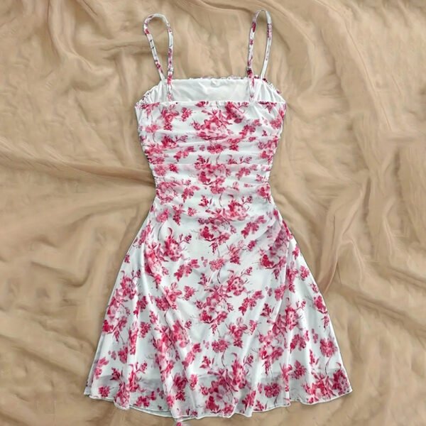 Women's Boho Floral Print Mini Dress Spaghetti Strap Ruched Ruffle Hem Vacation Sundresses - Image 5