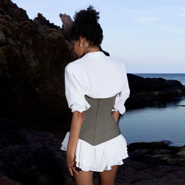 Contrast Color Waist-tight Fishbone Ruffled Stitching Tube Top Dress Suit - Image 6