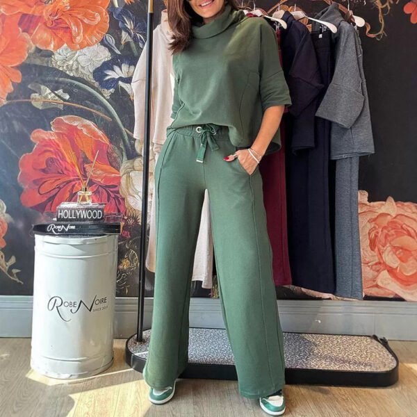 Casual Loose Waist Ribbon Decorative Wide Leg Trousers 2-piece Set - Image 2