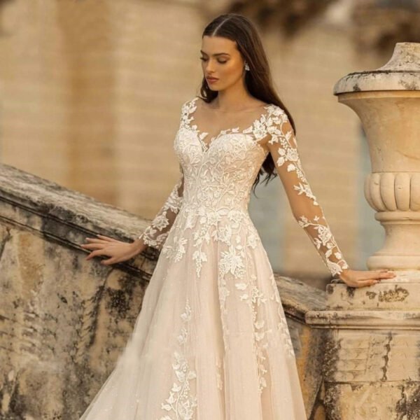 Long Sleeve Wedding Dress Mori Style Bridal Simple Round Neck - Image 8