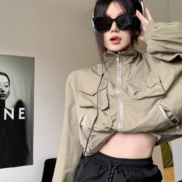 Women's Fashion Retro Workwear Drawstring Stand Collar Zipper Jacket - Image 5