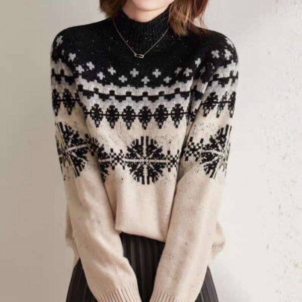 Autumn And Winter Spring New Half Turtleneck Knitted Snowflake Retro Loose Sweater - Image 2