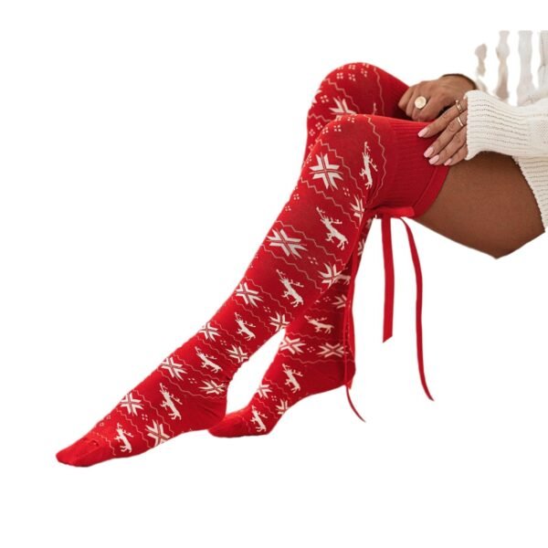 Christmas Multicolor Rope Bow Thigh High Socks - Image 2