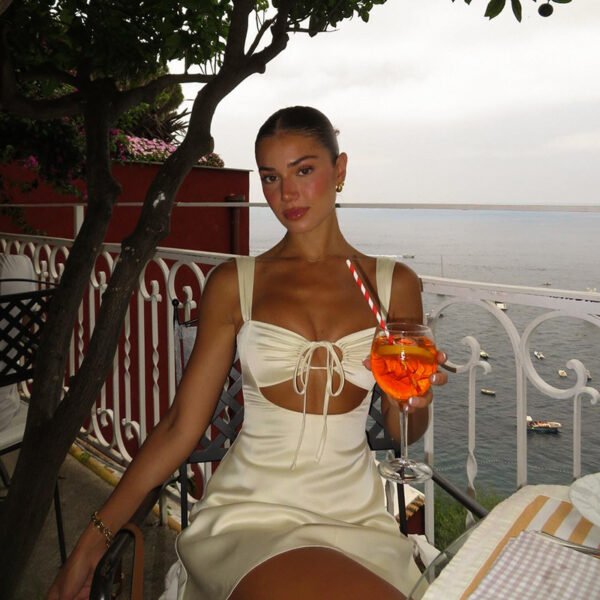 Solid Color Strap Satin Chest Lace-up Hollow Dress Women - Image 2