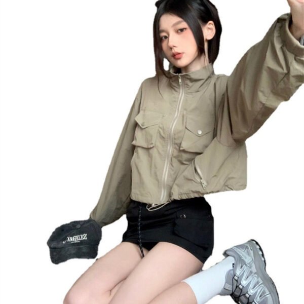 Women's Fashion Retro Workwear Drawstring Stand Collar Zipper Jacket - Image 7