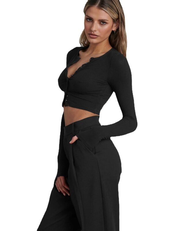 Button Rib Long Sleeve Knitted Cardigan Women's Clothes Cropped Top - Image 3