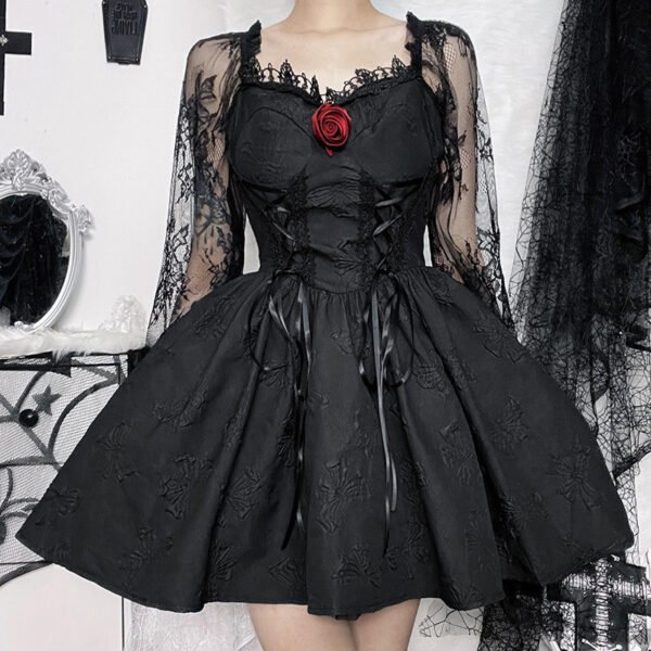 Dark Design Princess Slimming Three-dimensional Flower Lace Long Sleeve Temperament Dress - Image 2