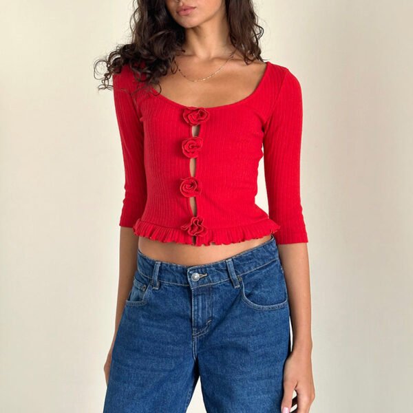 Three-quarter Sleeve Rose 3D Flower Wooden Ear Short Midriff-baring Top - Image 5