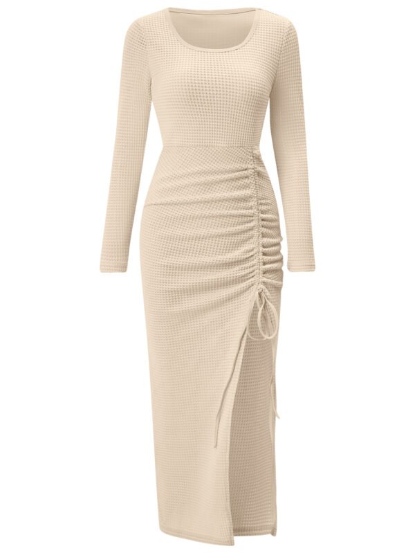 Autumn And Winter New Foreign Trade Women's Casual U-neck Split Drawstring Long-sleeved Dress - Image 2