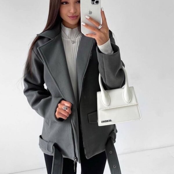 Belt Lapel Long-sleeved Woolen Coat - Image 4