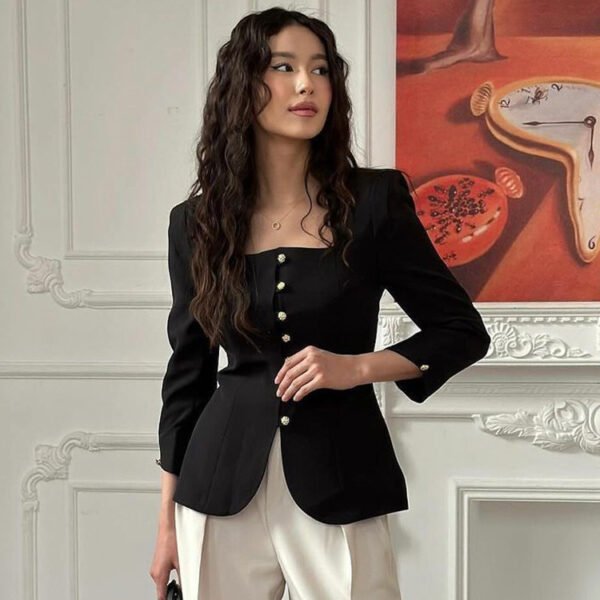 Square Collar Slimming Black Coat - Image 4