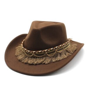 Ethnic Style Tassel Felt Cap Jazz Flat Brim Hat