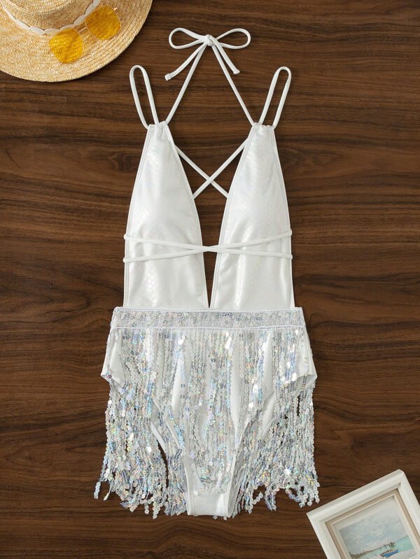 Sexy Deep V Tassel Dress One-piece Swimsuit - Image 3