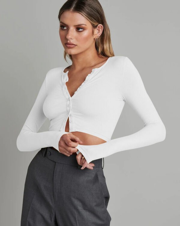 Button Rib Long Sleeve Knitted Cardigan Women's Clothes Cropped Top - Image 7