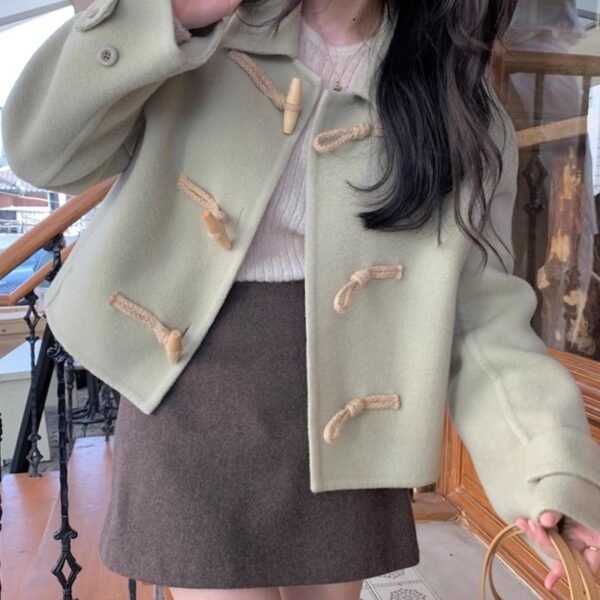 Retro Elegant Lapel Horn Button Woolen Coat - Image 4