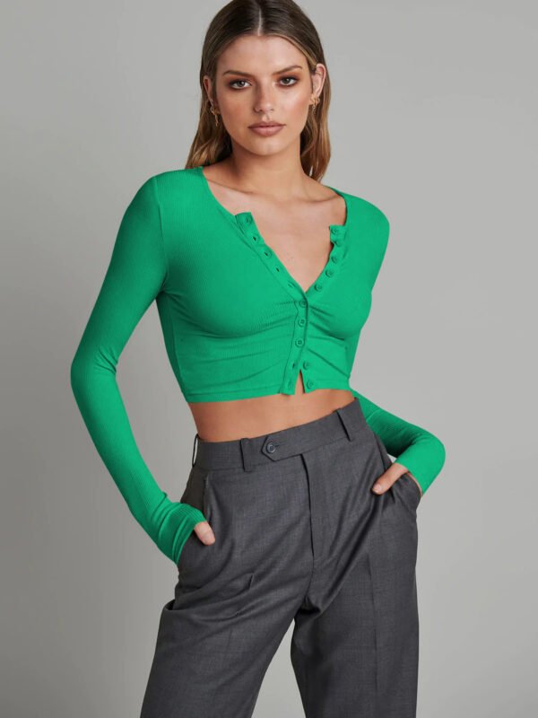 Button Rib Long Sleeve Knitted Cardigan Women's Clothes Cropped Top - Image 4