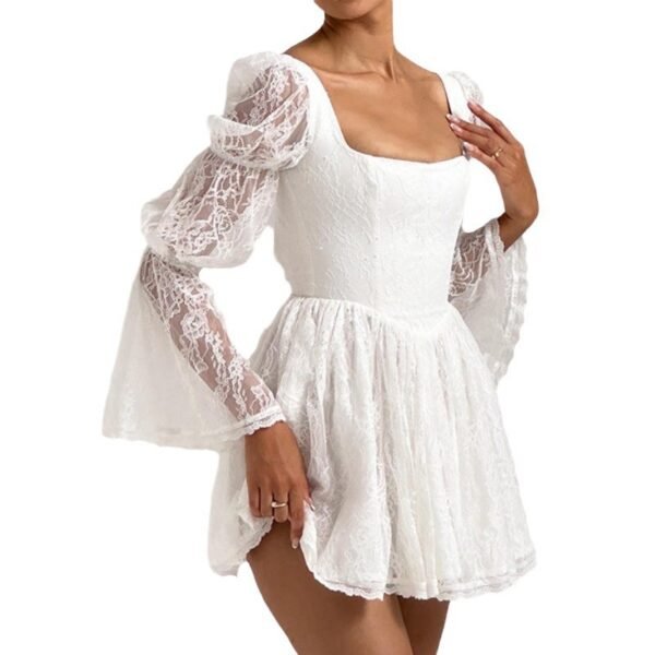 Autumn New Sexy Square-neck Long Sleeve Waist Lace Dress - Image 2