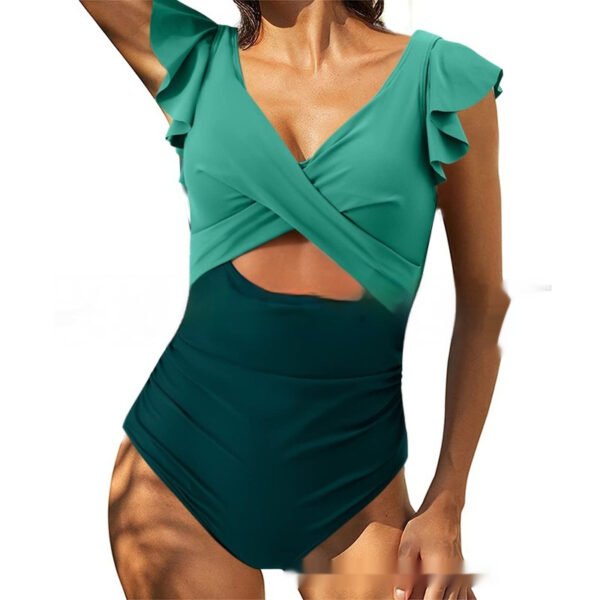 Color Contrast Patchwork Flounce Covered Belly Swimsuit - Image 8