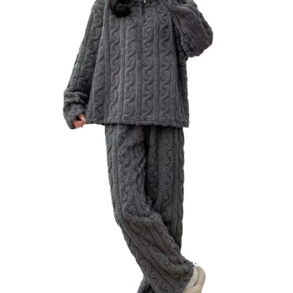 Autumn And Winter New Twist Zipper Couple Fleece-lined Thick Coral Fleece Pajamas Homewear Loungewear Sleepwear For Sleeping - Image 7