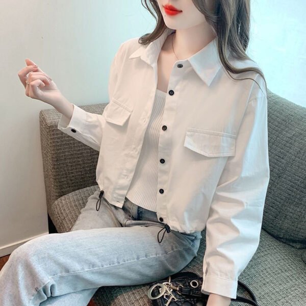Korean Version Of Everything Loose Simple Drawstring Design Sense Long-sleeved Casual Shirt Short Top - Image 4