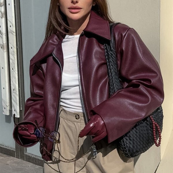 Solid Color Lapel Zipper Jacket Fashion Casual Long Sleeve Leather Coat Tops Women Clothing - Image 8