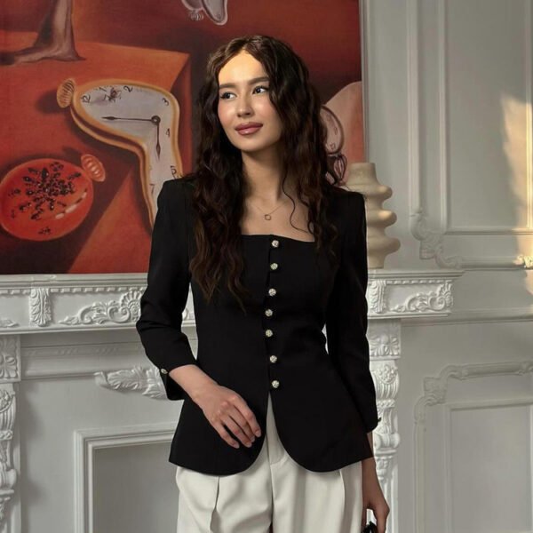 Square Collar Slimming Black Coat - Image 2