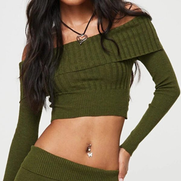 Boat Neck Long Sleeve Knitted Sweater Off-shoulder Crop Short Top SFor Womens Clothing - Image 7
