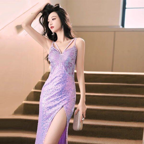 New Sequined Evening Dress Autumn And Winter Purple French Style High Sense Banquet - Image 7