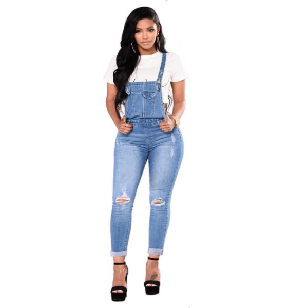 Women's Ripped Denim Suspender Pencil Pants - Image 8