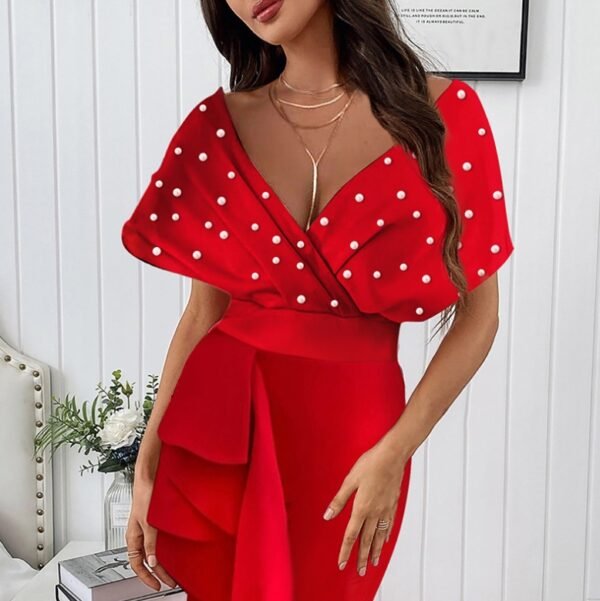 Deep V Sleeveless Waist Ruffle Dress - Image 3