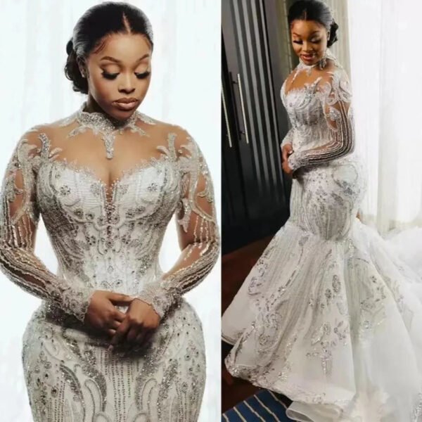 Wedding Dress African Bridal Lace Long Sleeve Fishtail - Image 9