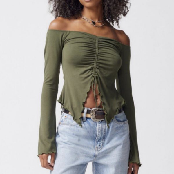 Two-wear Top Wooden Ear Edge Horn Sleeve Sexy Off-the-shoulder Long Sleeve T-shirt Woman - Image 3
