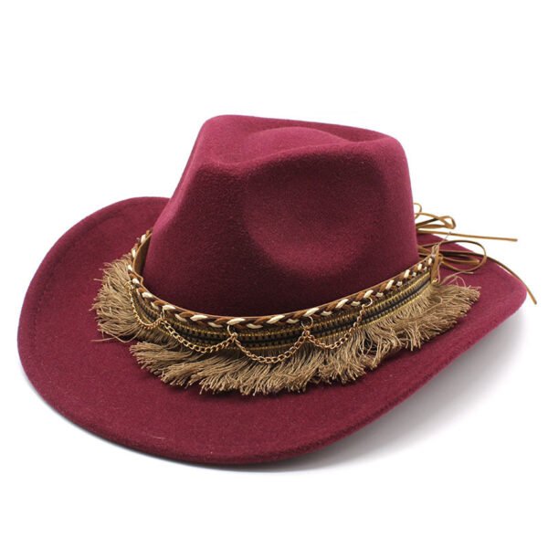 Ethnic Style Tassel Felt Cap Jazz Flat Brim Hat - Image 3