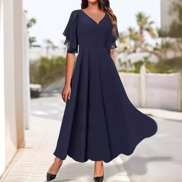 V-neck Ruffle Cuff Elegant Plain Dress Women - Image 2