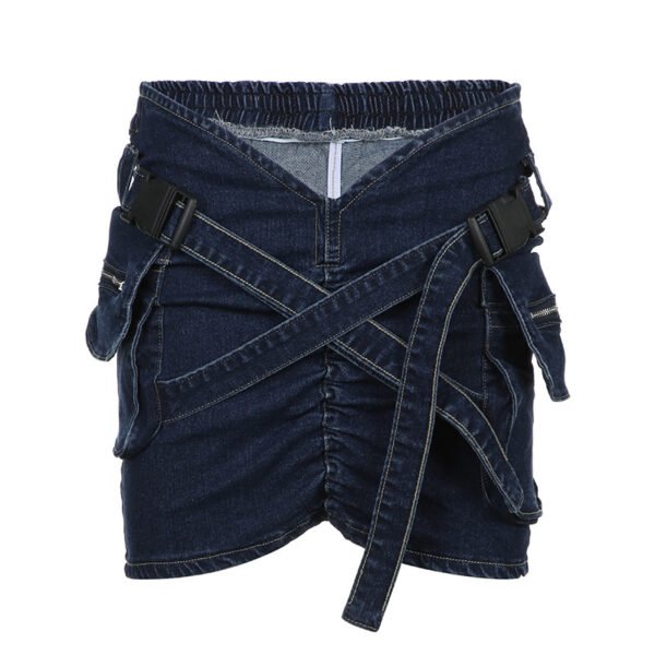 Cross School Bag Buckle Pleated V-shaped Waist Workwear With Pocket Denim Skirt - Image 2