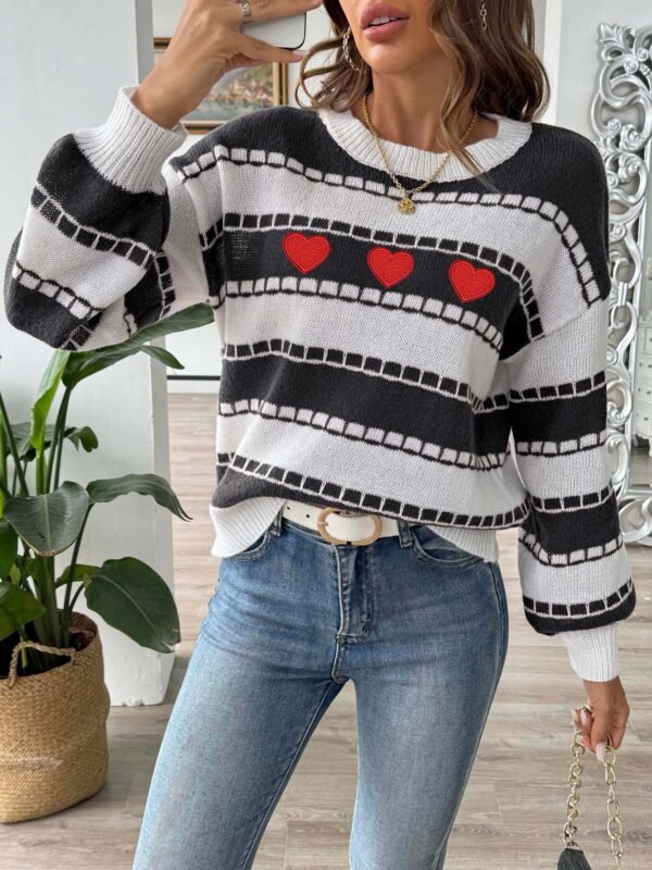 Women's Sweater Bottoming Shirt Color Contrast Patchwork Stripes - Image 4