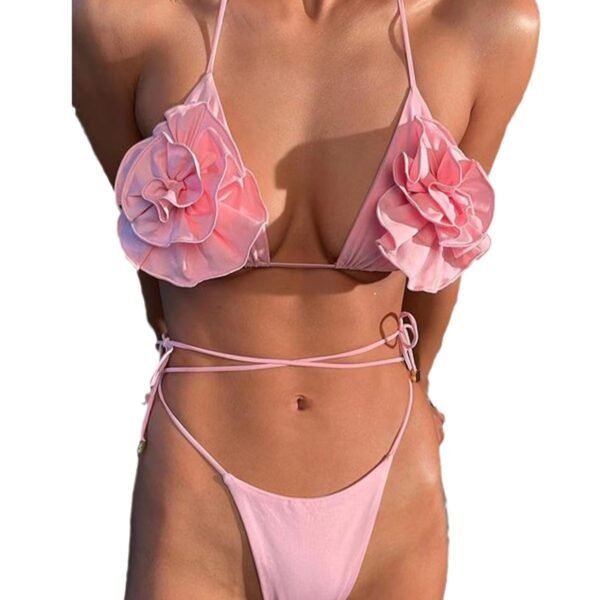 Pure Color Halter Lace-up Three-dimensional Flower Bikini Split Swimsuit - Image 9