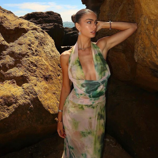 2pcs Tie Dye Printing Deep V-neck Suits Fashion Halter Backless Long Dresses For Beach Party Womens Clothing - Image 10